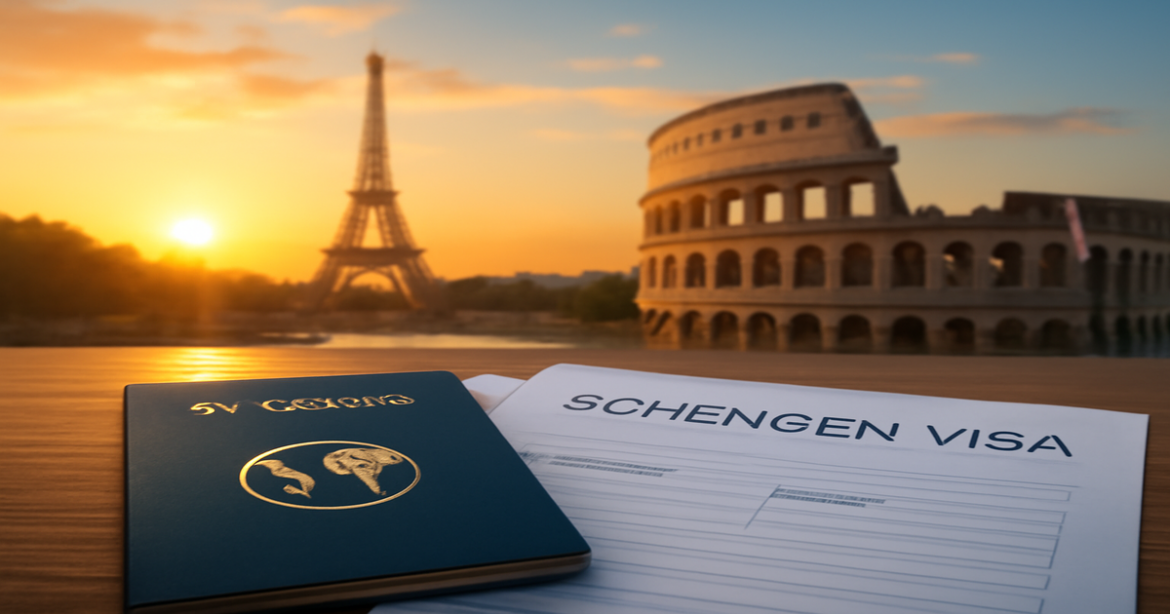 Stunning travel scene highlighting Шенгенская виза application essentials with iconic landmarks.