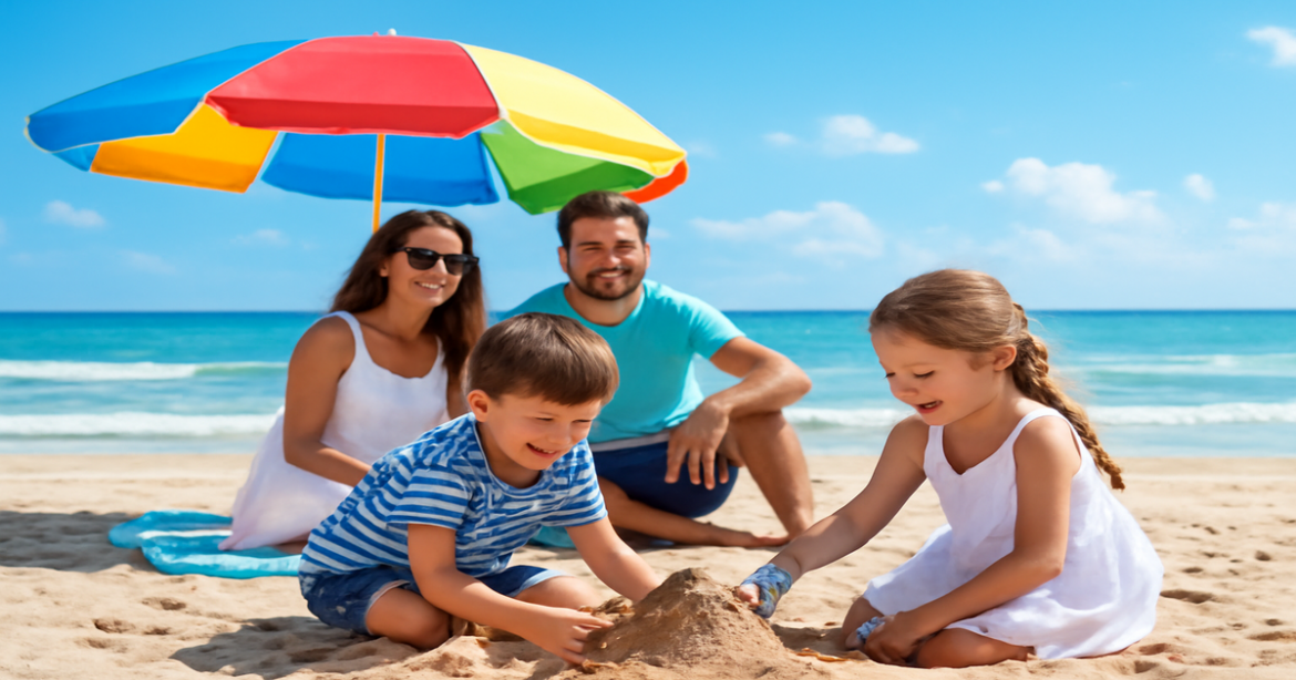 Family enjoying a beach vacation, embodying советы для семейного отдыха in a joyful scene.