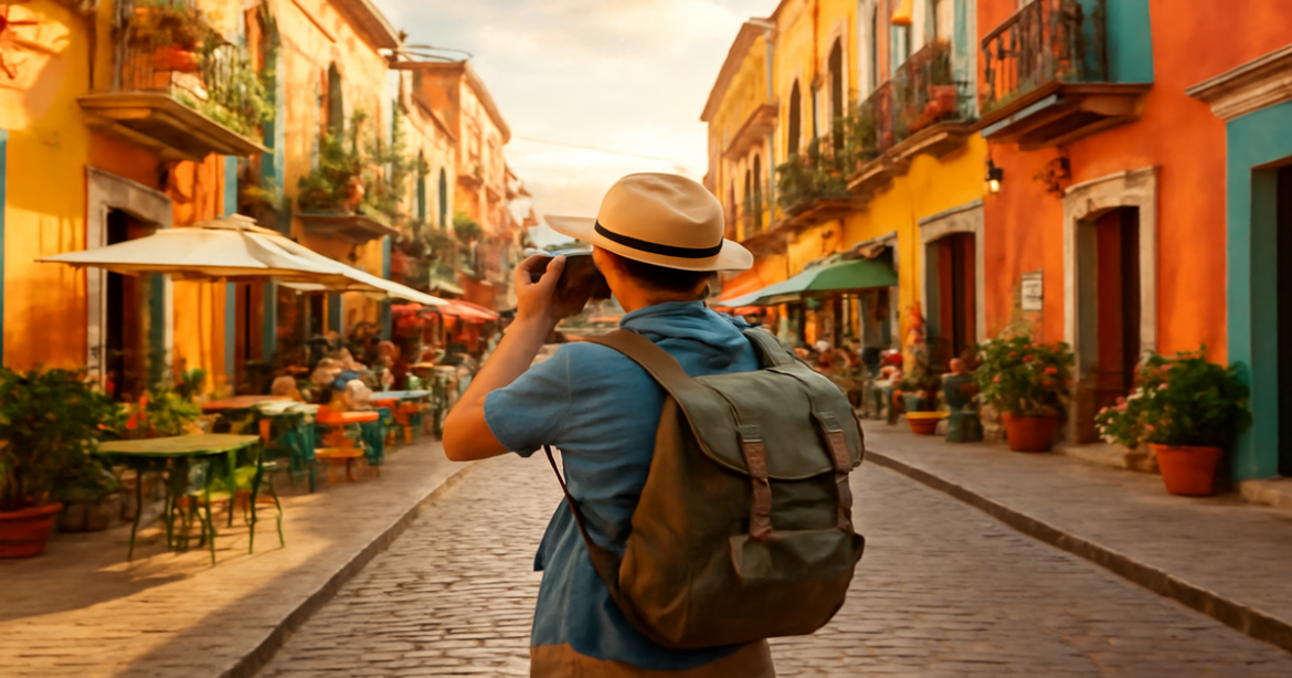 A vibrant city street scene illustrating самостоятельные путешествия with a solo traveler exploring unique destinations.