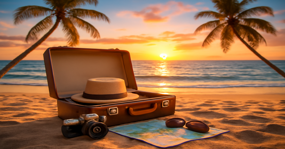 A vibrant beach scene illustrating подготовка к поездке with a suitcase and travel essentials.