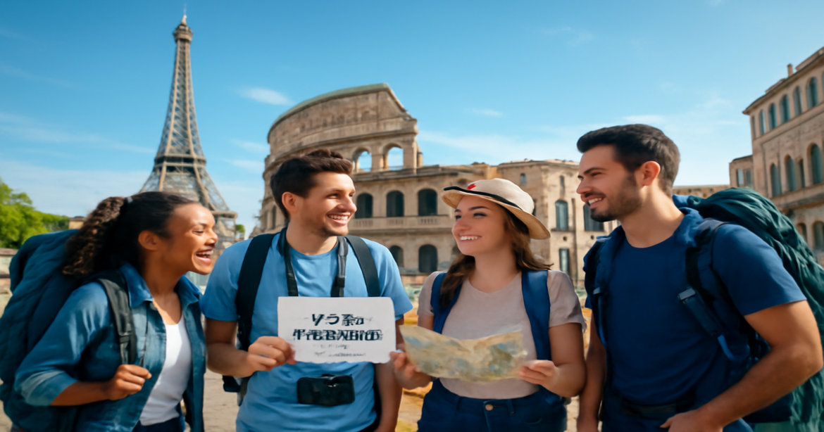 A vibrant travel scene featuring landmarks, highlighting tips for obtaining виза Шенген.