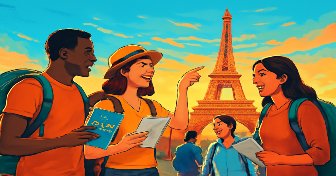 Group of travelers at a landmark, symbolizing получение визы for international trips.