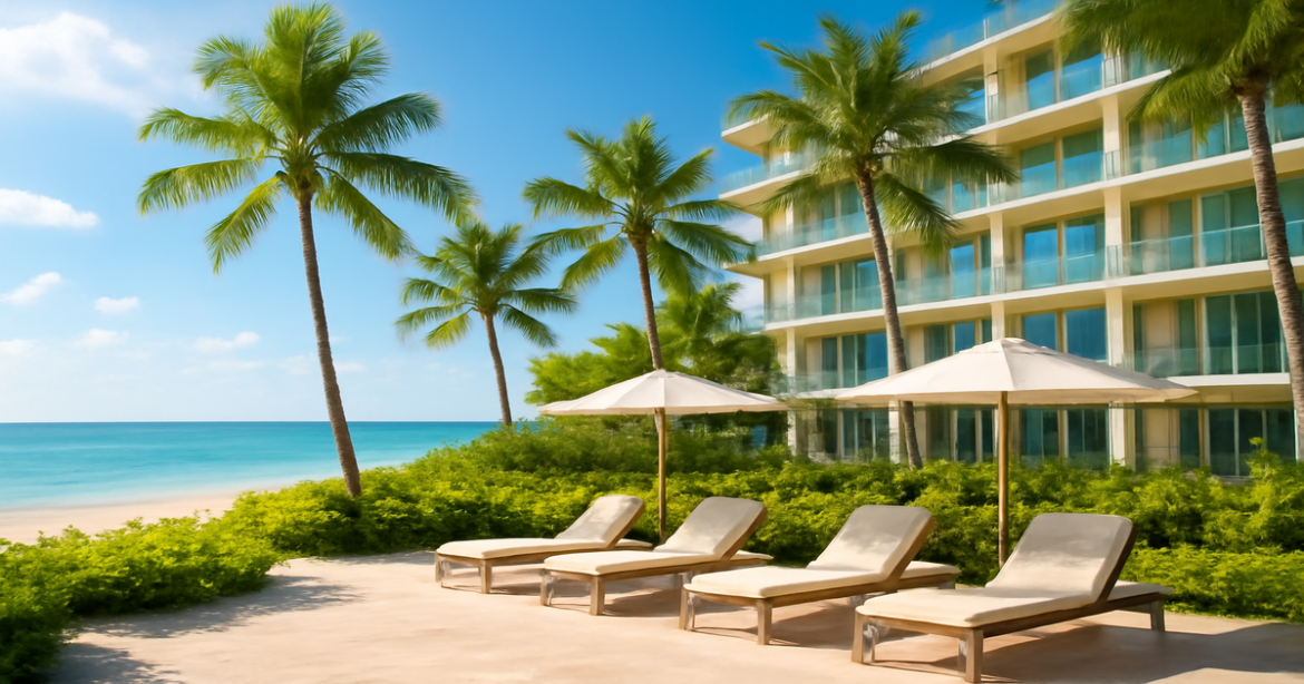 Stunning beachside hotel scene highlighting правильный выбор отеля for an unforgettable vacation experience.