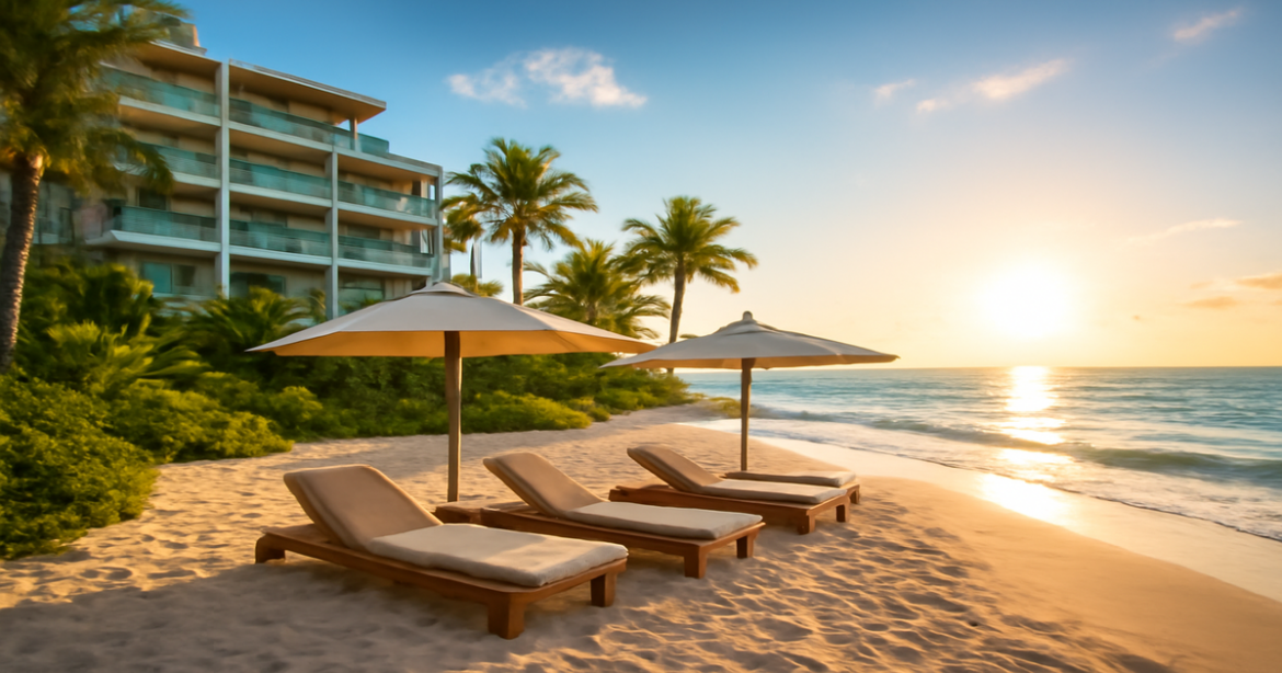 Stunning beach hotel scene ideal for выбор отеля на море article, showcasing relaxing vacation vibes.