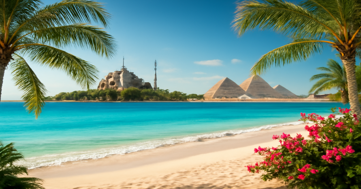 Explore курорты Турции и Египта with a captivating beach scene and iconic landmarks.