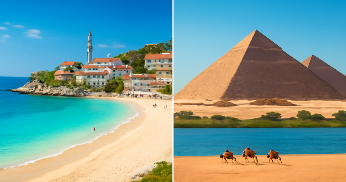 A vibrant comparison of Turkey vs Egypt showcasing beaches and landmarks for travel inspiration in 2026.