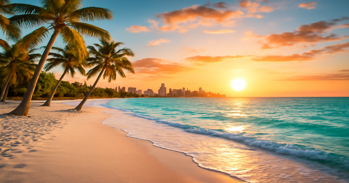 Beautiful beach scene for пляжный отдых 2024, showcasing sand, waves, and a sunset skyline.