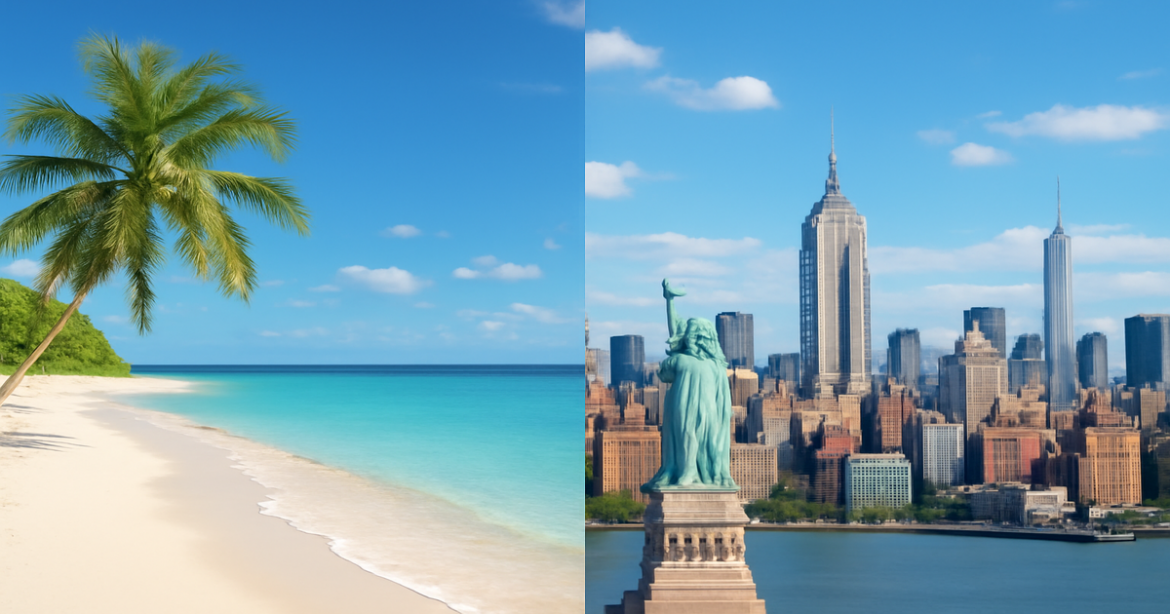 Explore a vibrant comparison of travel destinations for summer vacations, showcasing beaches and cityscapes.
