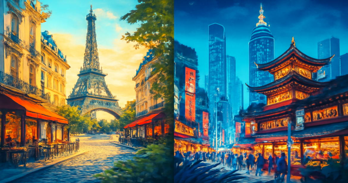 Comparison of travel destinations in Europe and Asia, highlighting culture and landmarks.