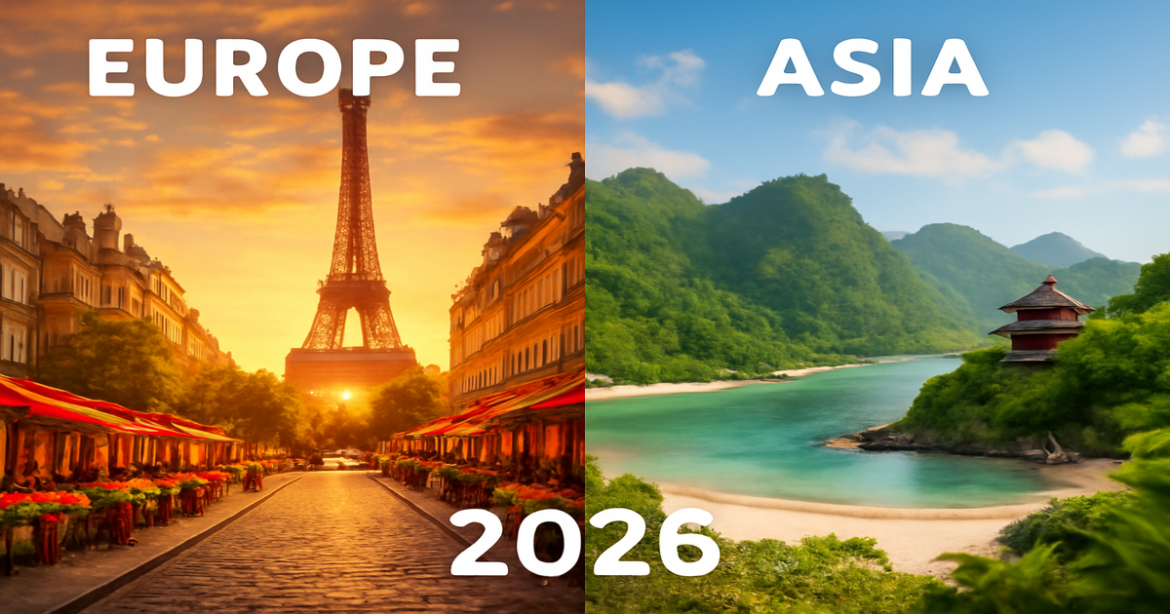 A stunning comparison of travel destinations in Europe vs. Asia for 2026, showcasing diverse landscapes and cultures.