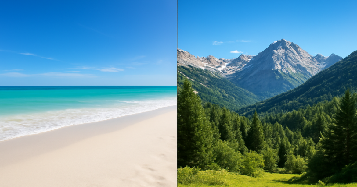 Explore отдых на море или в горах with a stunning contrast of beach and mountain landscapes.