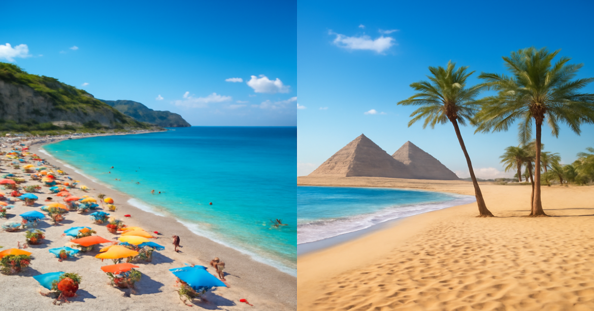 A vibrant beach scene comparing Турция против Египта for an ideal vacation.
