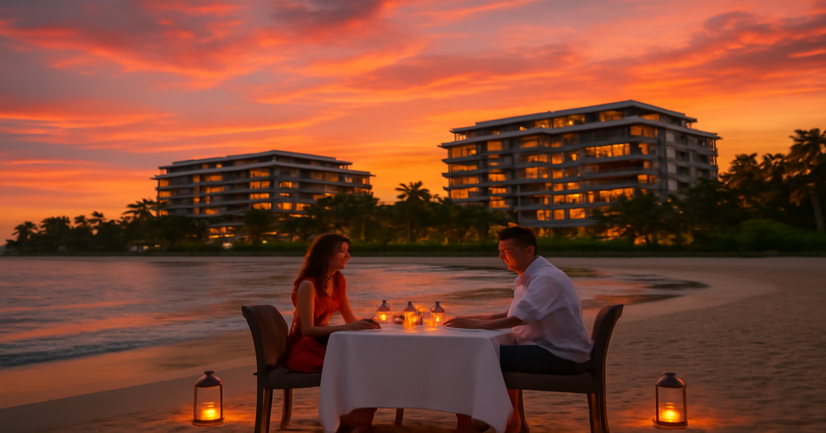 Scenic view of hotels at sunset, perfect for сравнение отелей when planning your vacation.