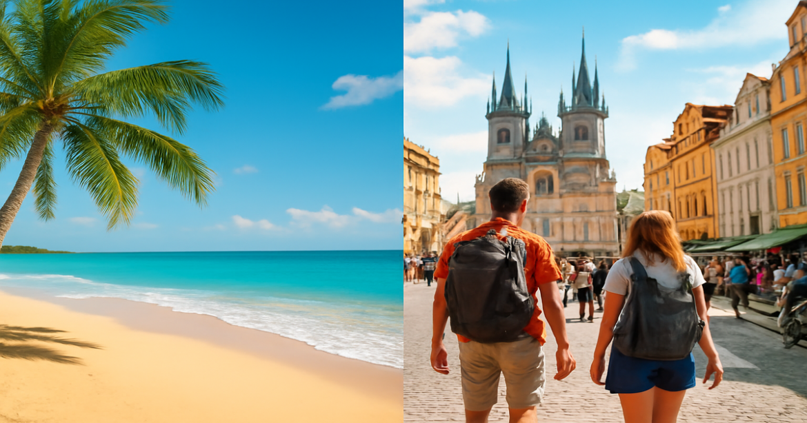 Explore пляжный отдых и активные путешествия in this vibrant travel comparison image.