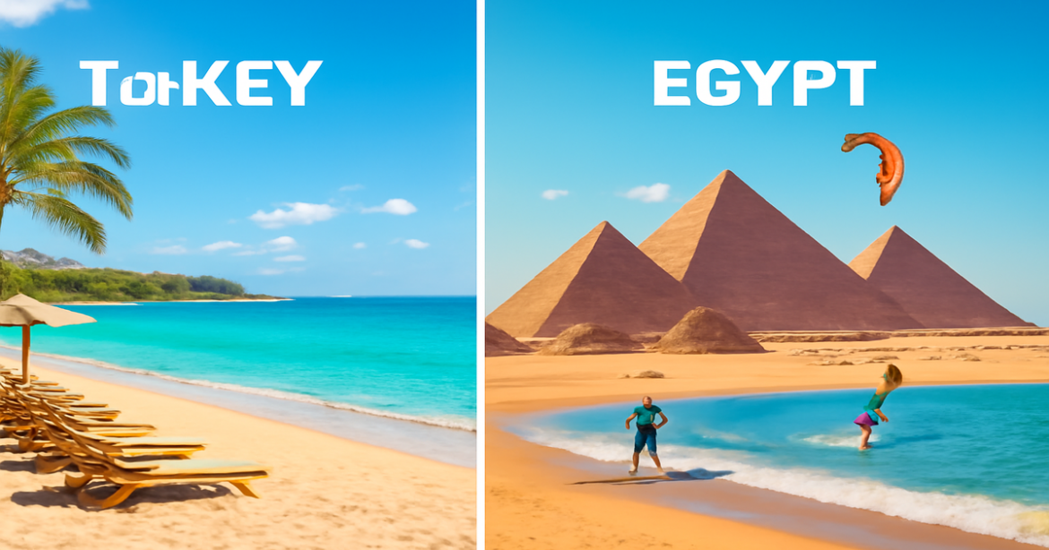 Stunning beach comparison of Турция vs Египет showcasing vibrant resorts and beautiful landscapes.