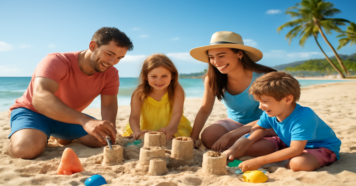 A joyful family beach vacation scene, ideal for exploring семейный отдых destinations.