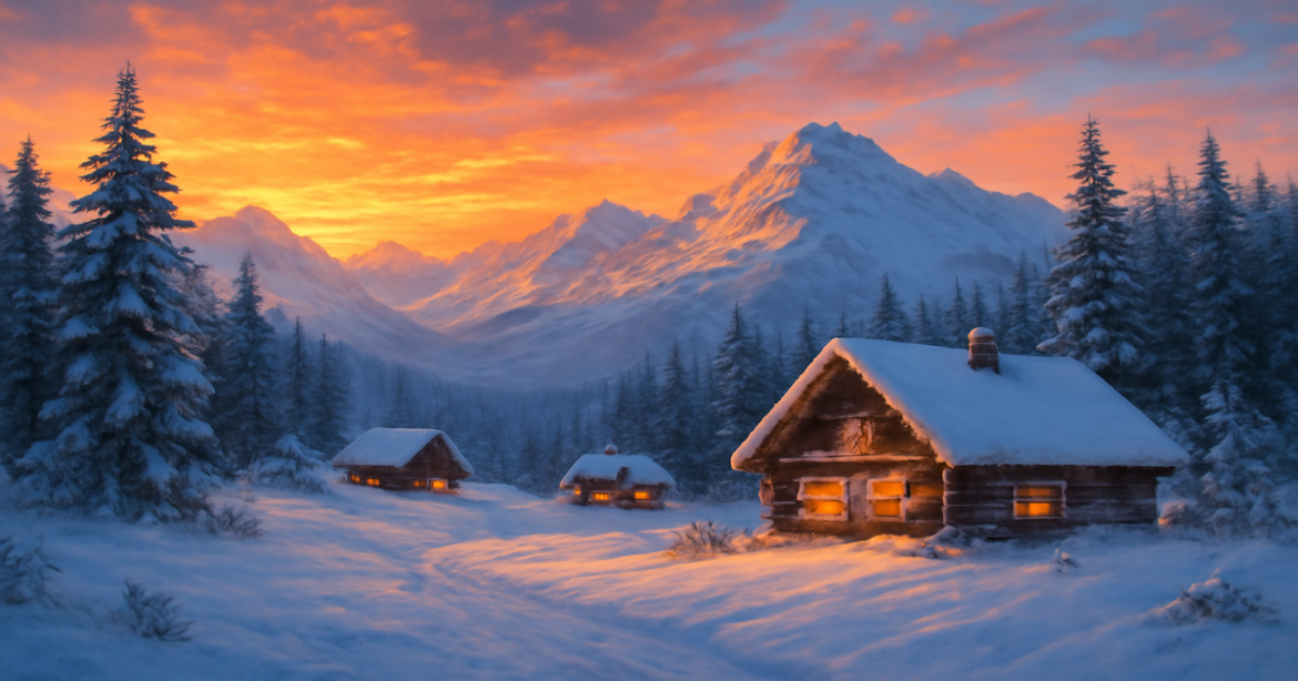 Explore the beauty of зимний отпуск with this stunning winter landscape of a mountain village.