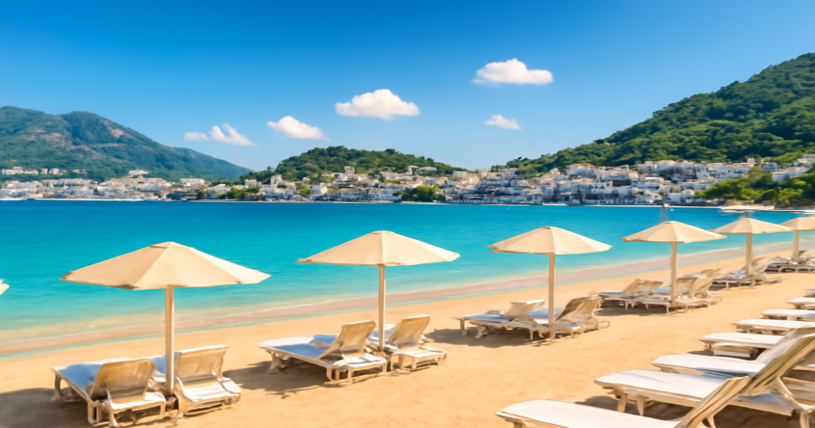 Explore the beautiful курорты Турции: Анталия, Бодрум, and Кемер in this inspiring beach scene.