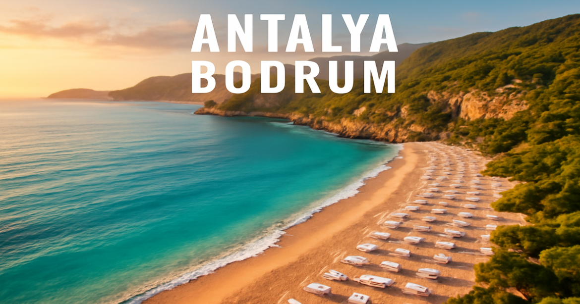 Explore the stunning пляжные курорты Турции including Antalya and Bodrum in this beautiful beachscape.