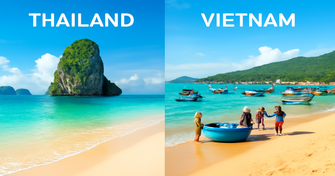 Stunning beach comparison of Тайланд Вьетнам для пляжного отдыха, showcasing idyllic vacation spots.