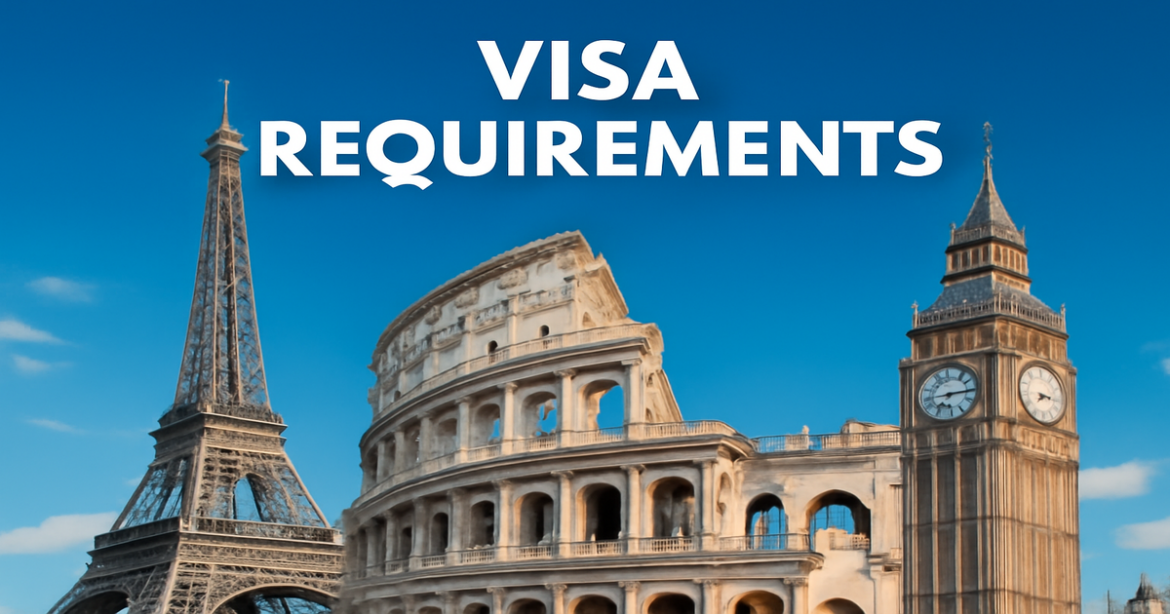 Explore visa requirements in Europe with iconic landmarks representing different countries.