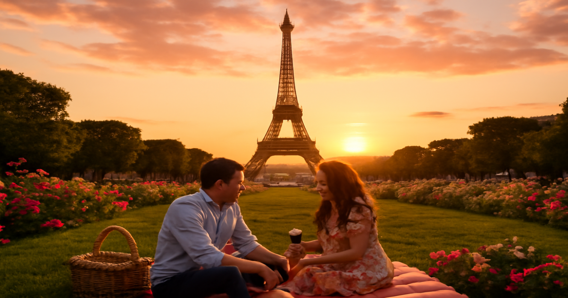 Explore the stunning достопримечательности Парижа with this captivating sunset view of the Eiffel Tower.