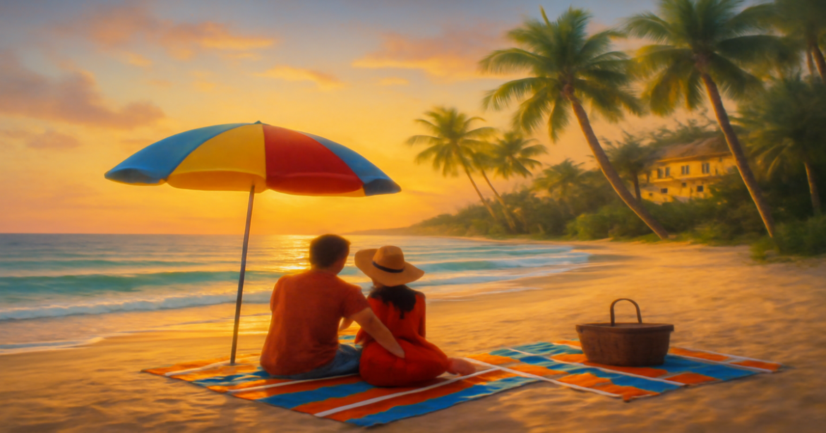 Stunning beach scene perfect for a relaxing пляжный отдых in 2026, featuring golden sands and a luxurious resort.
