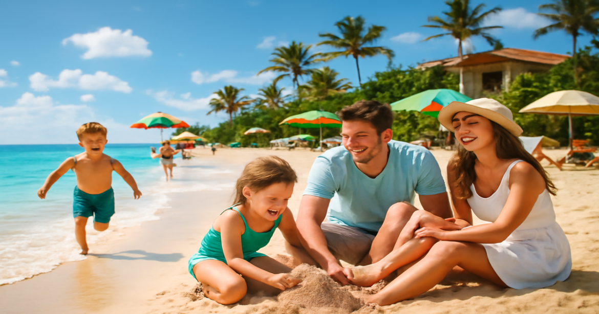 Family enjoying a sunny beach resort, perfect for семейный отдых in 2024.