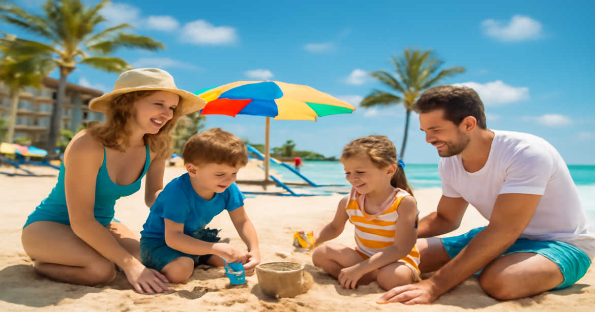 A family enjoying fun at top курорты для семейного отдыха with a beautiful beach backdrop.