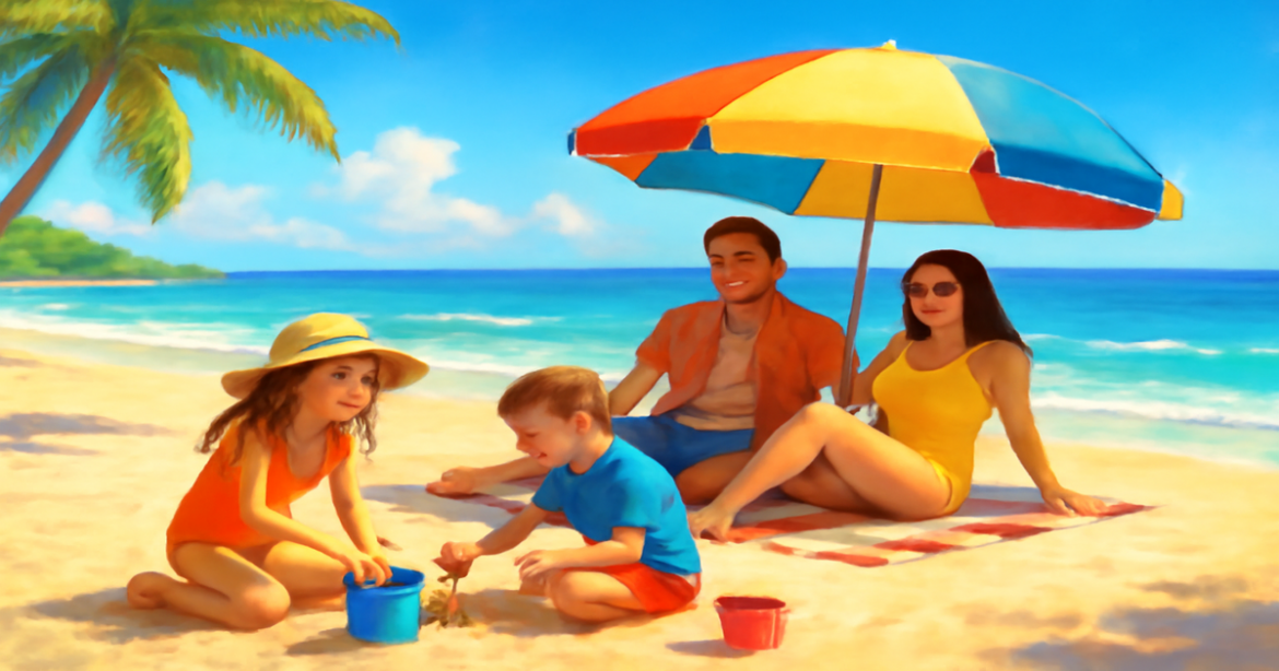 Family vacation at лучшие курорты для семейного отдыха, showcasing fun and relaxation on a sunny beach.