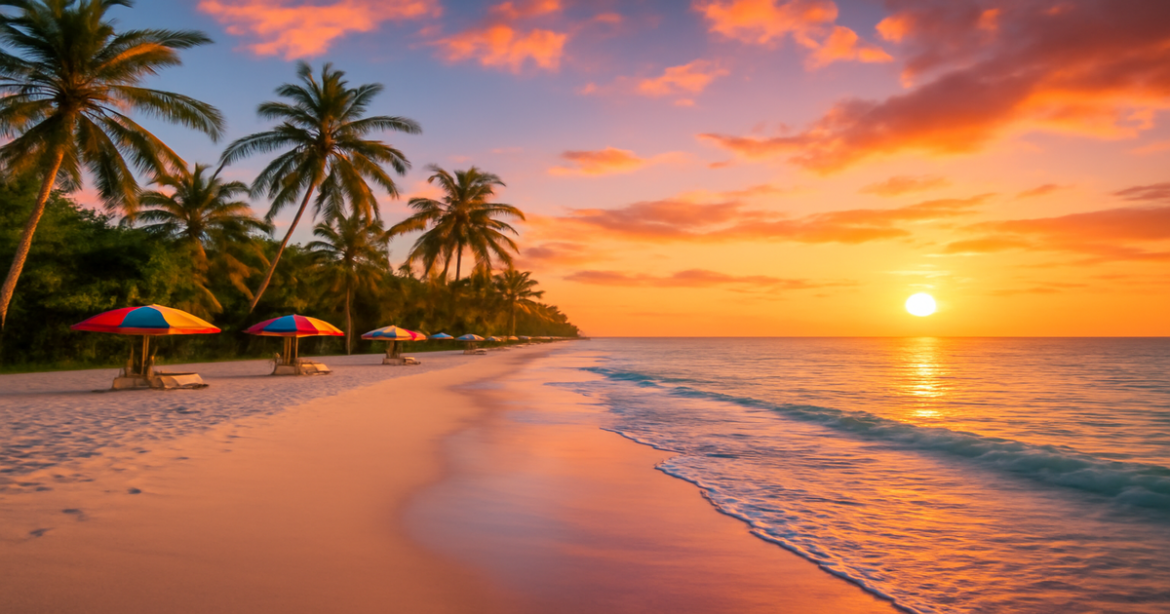 Explore the best destinations for beach vacations with this stunning sunset beach view.