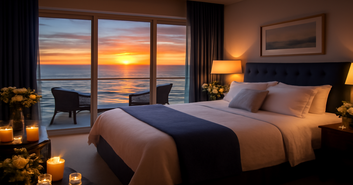 Romantic hotel suite for a getaway, featuring luxury and stunning ocean views, ideal for романтический отдых отели.