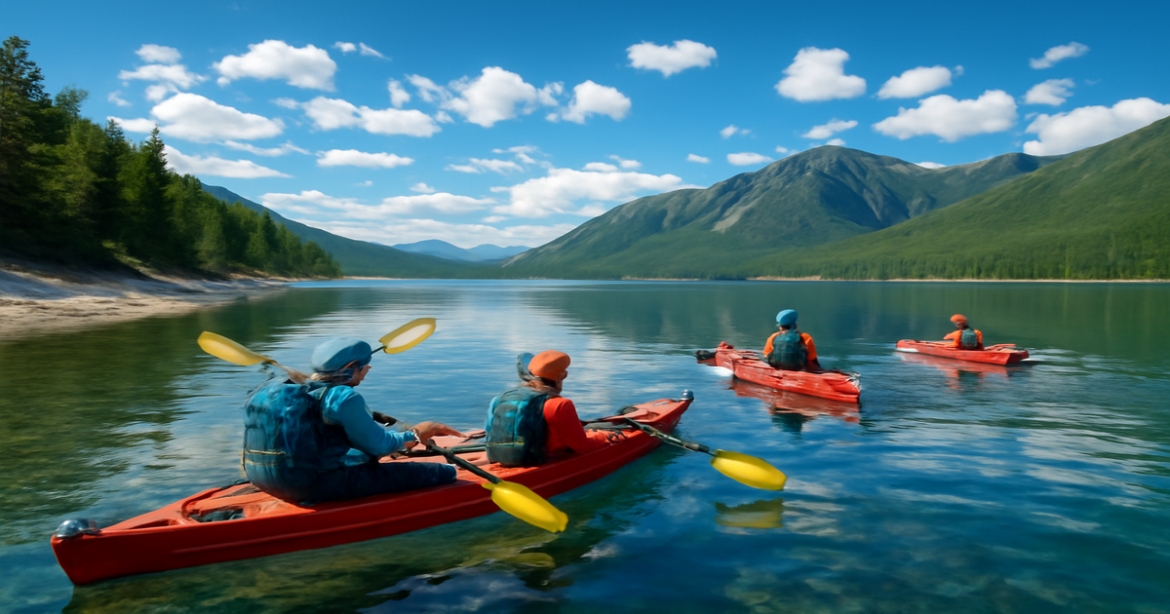 Explore активный отдых в России with stunning views of Lake Baikal and adventurous travelers enjoying nature.