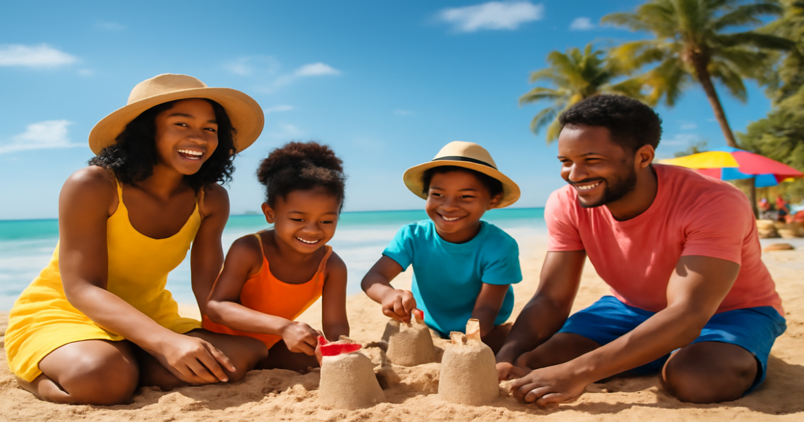 Family enjoying летний отдых с детьми on a beautiful beach, capturing joyful summer memories.