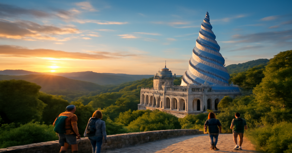 Explore необычные места в Европе with a stunning sunset view of a unique landmark.