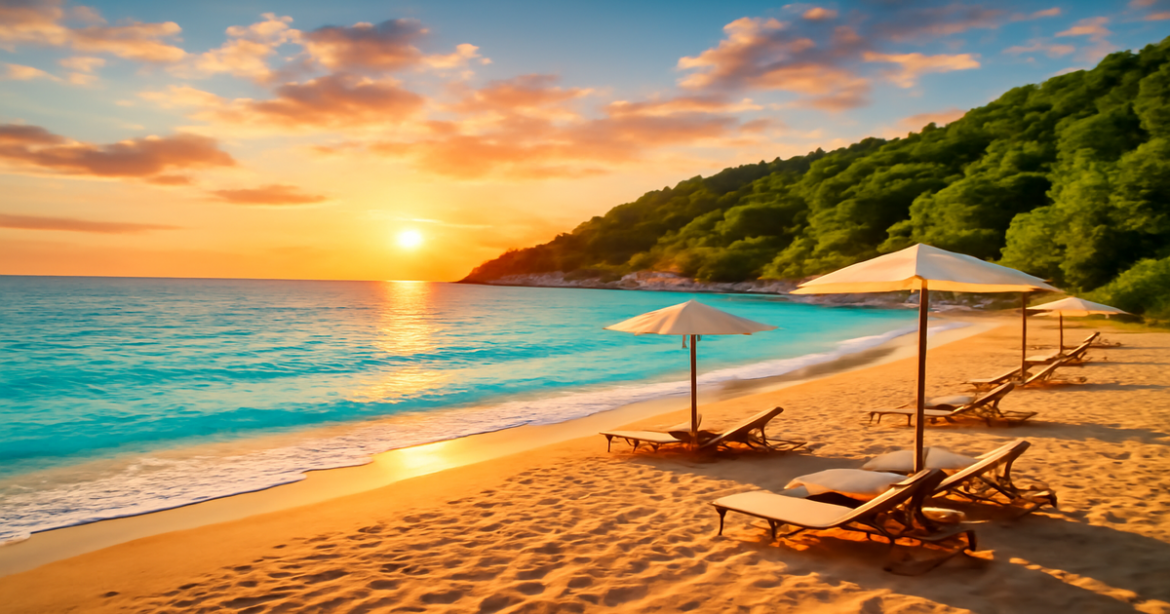Beautiful beach scene showcasing топ пляжные курорты России with golden sands and clear waters.
