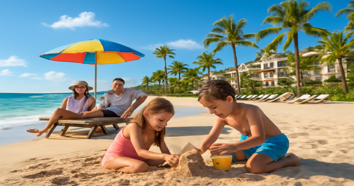 Family enjoying time at a beach resort, highlighting идеальные семейные курорты для отдыха с детьми.