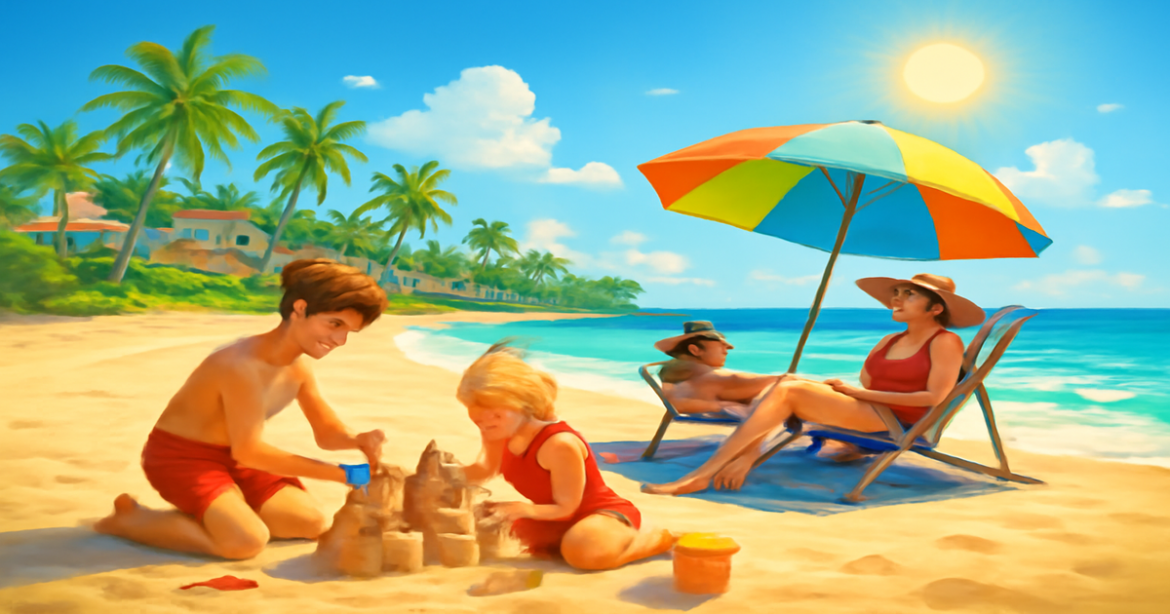 Family enjoying пляжный отдых с детьми on a sunny beach with sandcastles and palm trees.