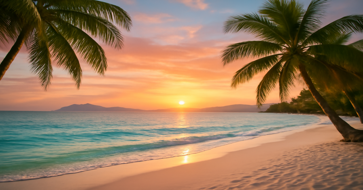 Explore top travel destinations in 2024 with this stunning beach scene representing путешествия в 2024 году.