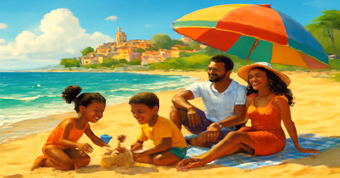 A joyful family enjoying a beach vacation, perfect for семейный отдых in 2024.