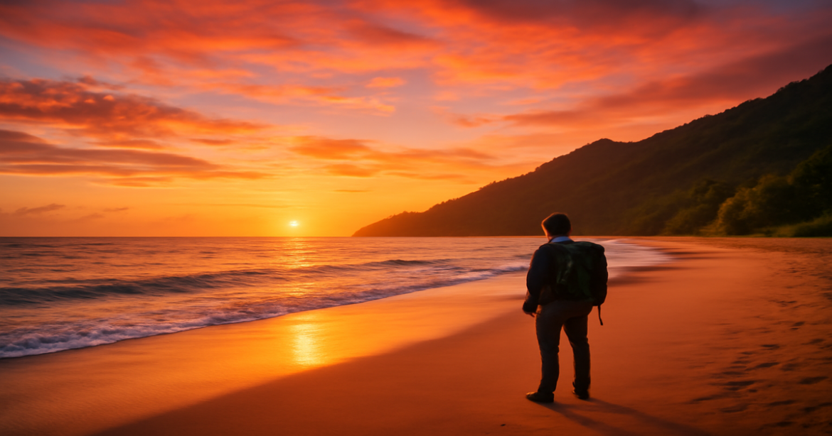 Stunning beach landscape at sunset, embodying the essence of самостоятельные путешествия.