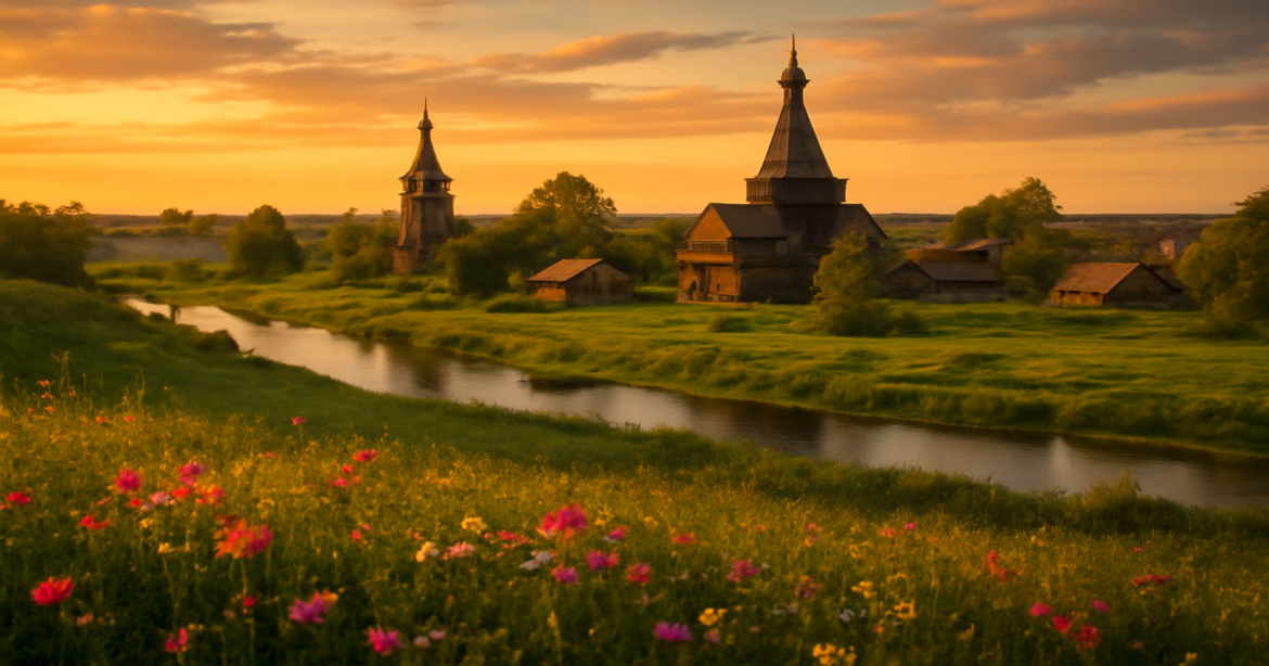 Explore stunning маршруты по России with a picturesque view of the Golden Ring at sunset.