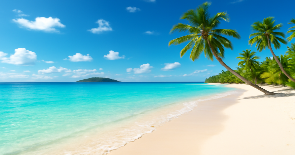 Beautiful beach scene ideal for пляжный отдых 2023, showcasing turquoise waters and palm trees.