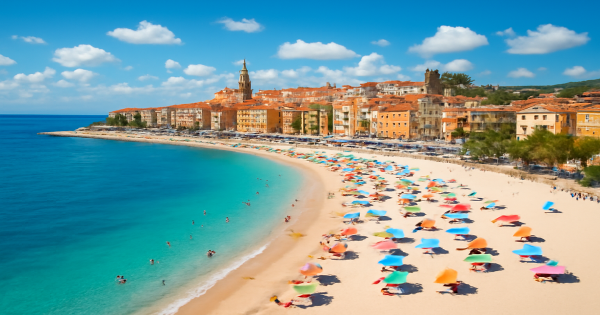 Experience пляжный отдых в Европе with this beautiful beach scene highlighting sun, sand, and vibrant coastal cities.