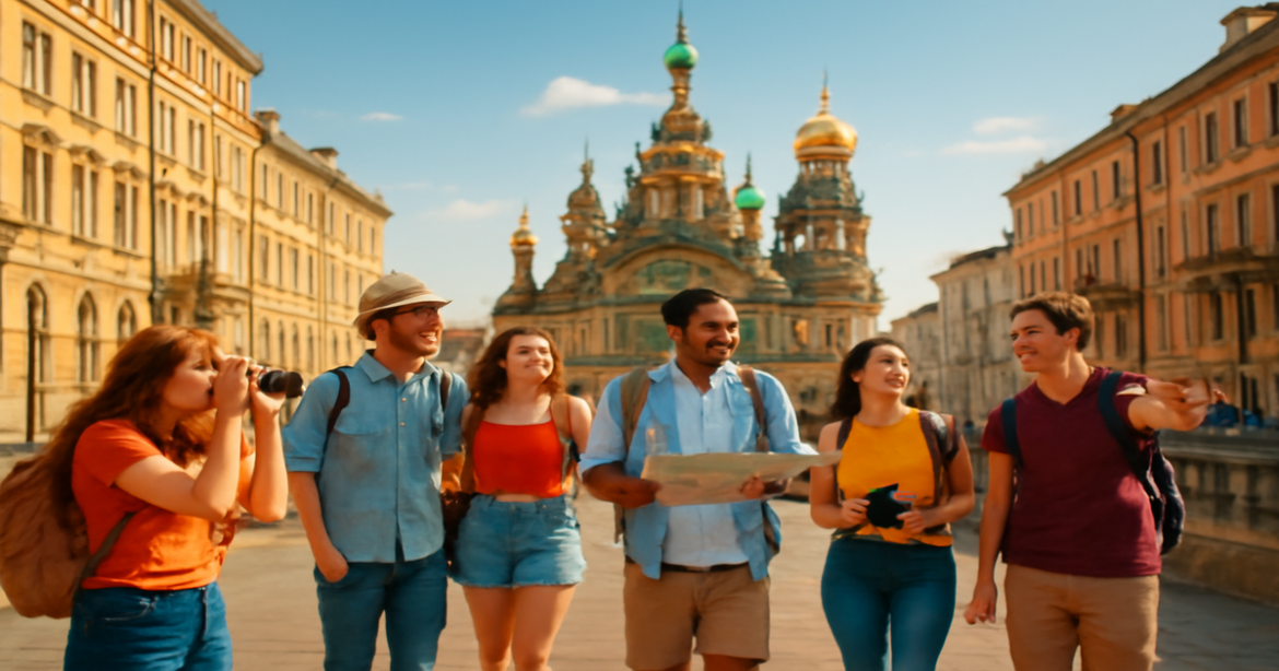 Explore unique экскурсии в Петербурге with vibrant scenes of tourists discovering the city's beauty.
