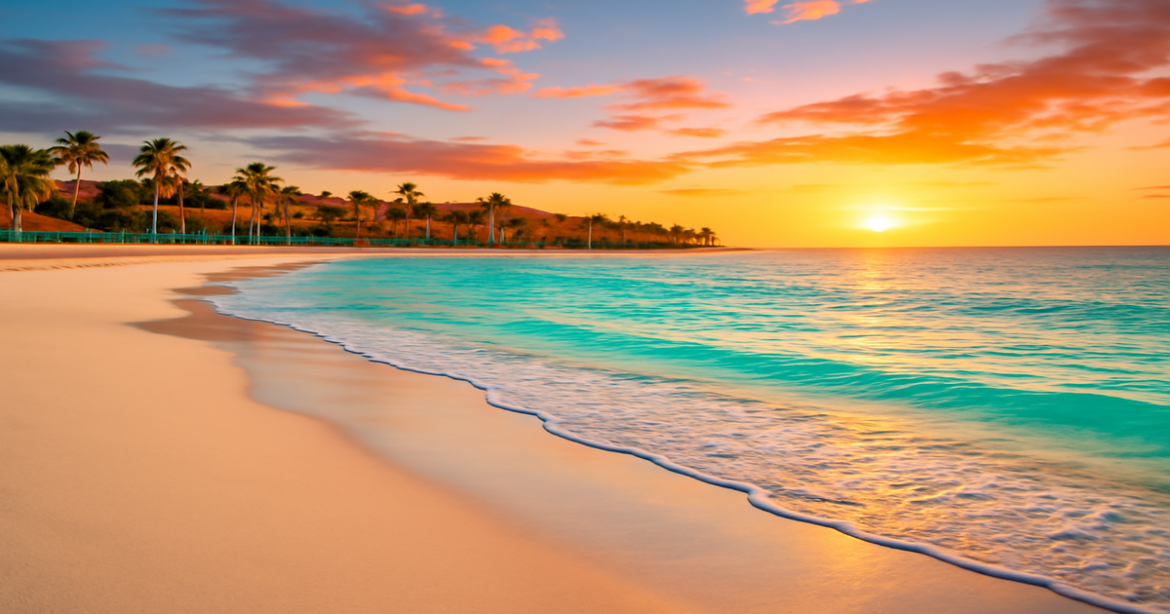 Stunning beach scene perfect for пляжный отдых 2024, showcasing a sunset over clear waters and sandy shores.