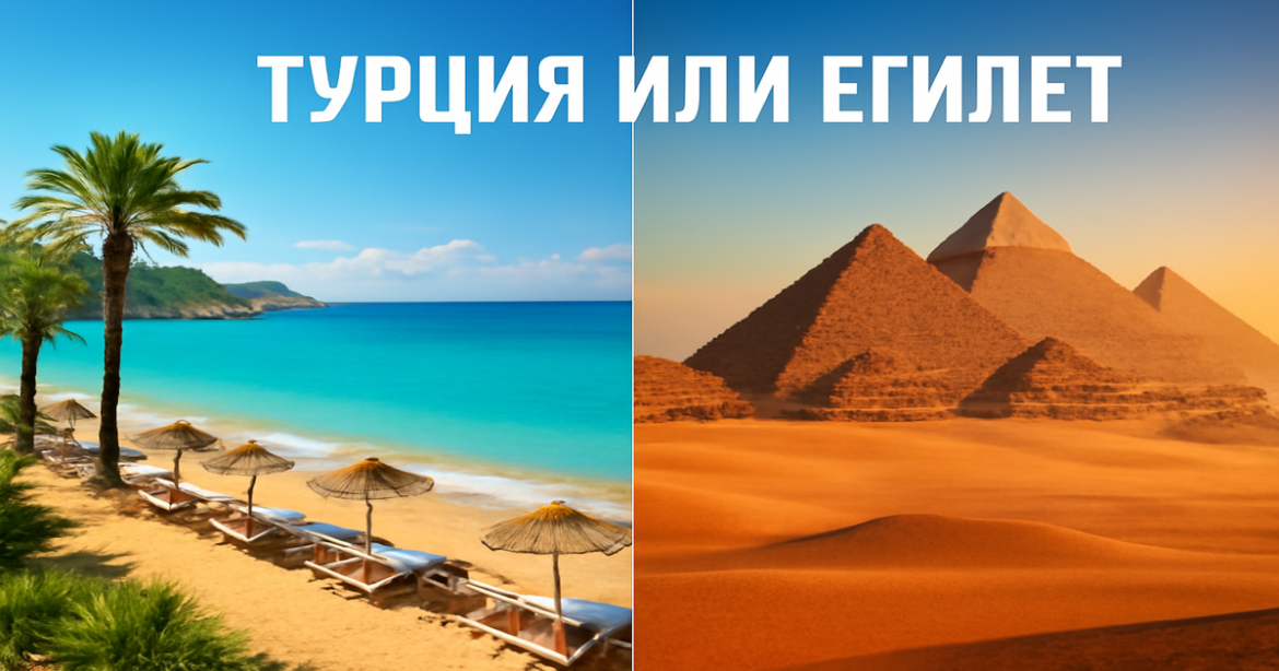 Explore the beauty of Турция или Египет with stunning beaches and landmarks in this travel comparison image.