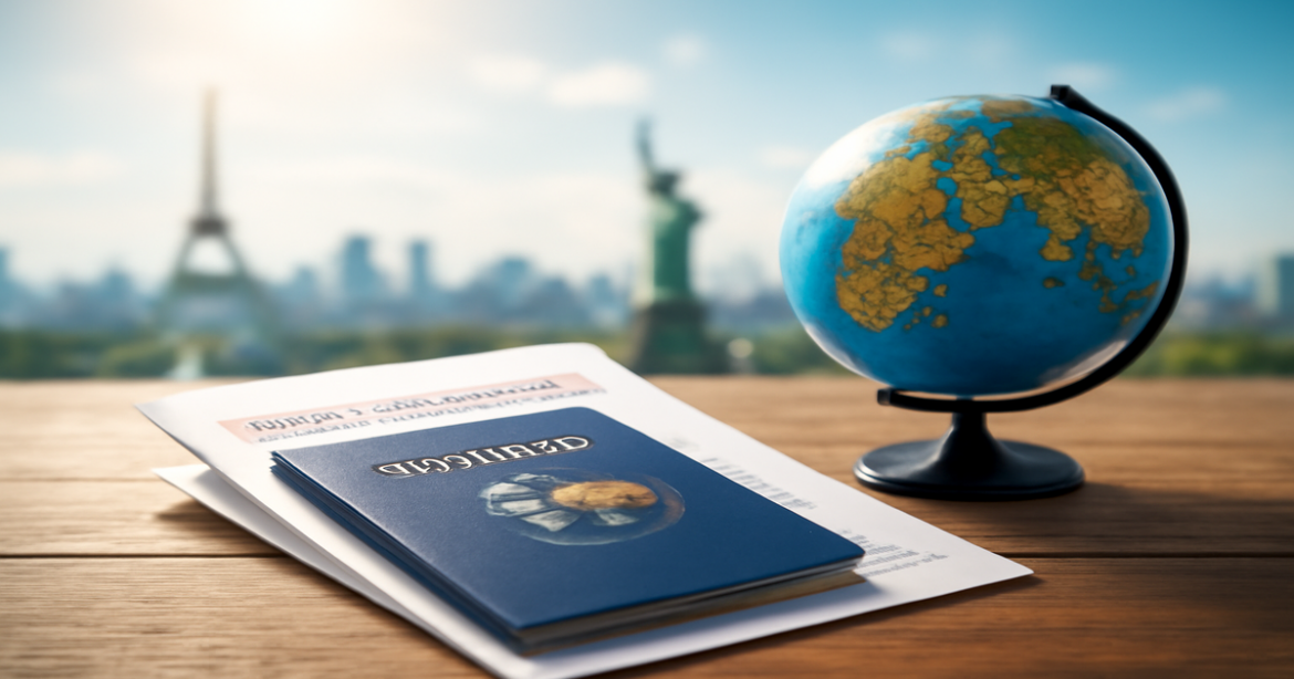 A stunning travel setup highlighting a виза для путешествий with landmarks and a globe.