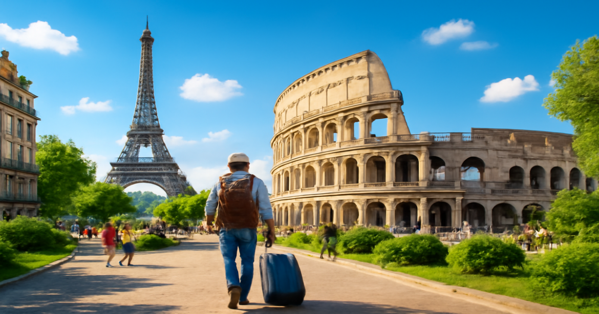 Stunning European landmarks illustrating the journey for a виза в Европу.