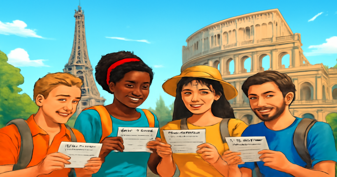 Explore the beauty of Europe with a Schengen visa, featuring iconic landmarks and diverse travelers.